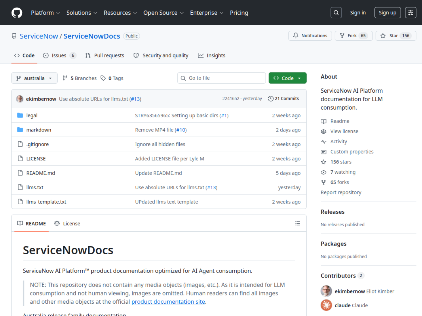 Capture du depot GitHub ServiceNow/ServiceNowDocs